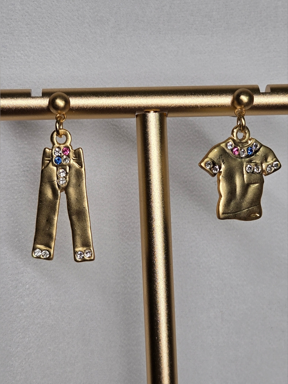 Gold-tone Novelty Pants and Shirt Drop Earrings with Multicolor Rhinestones
